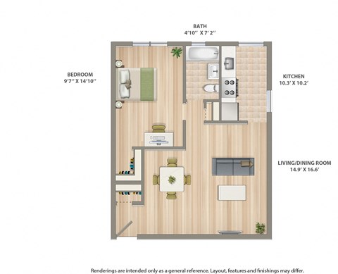 floor plan rendering of a 1 bedroom apartment at shipley park apartments in washington dc